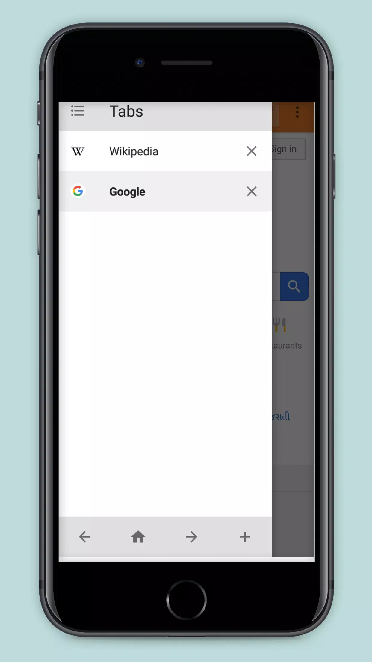 Leaf Browser Android tab manager feature — showing multi-tab browsing support available even on legacy Android 4.4 KitKat devices