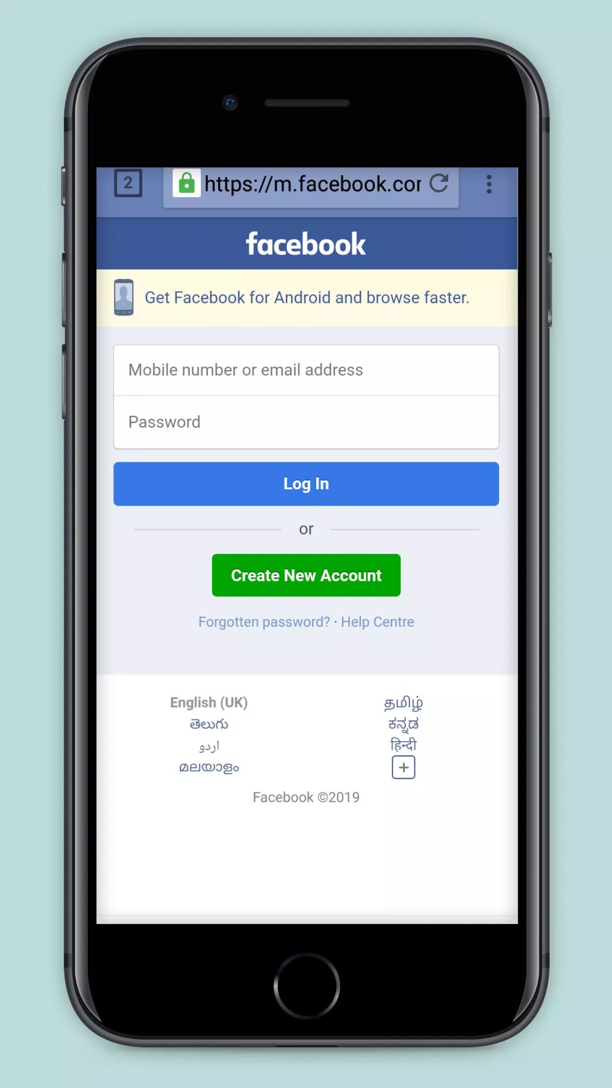 Facebook secure login page rendered in Leaf Browser for Android — illustrating HTTPS secure session handling within the data-conserving mobile browser