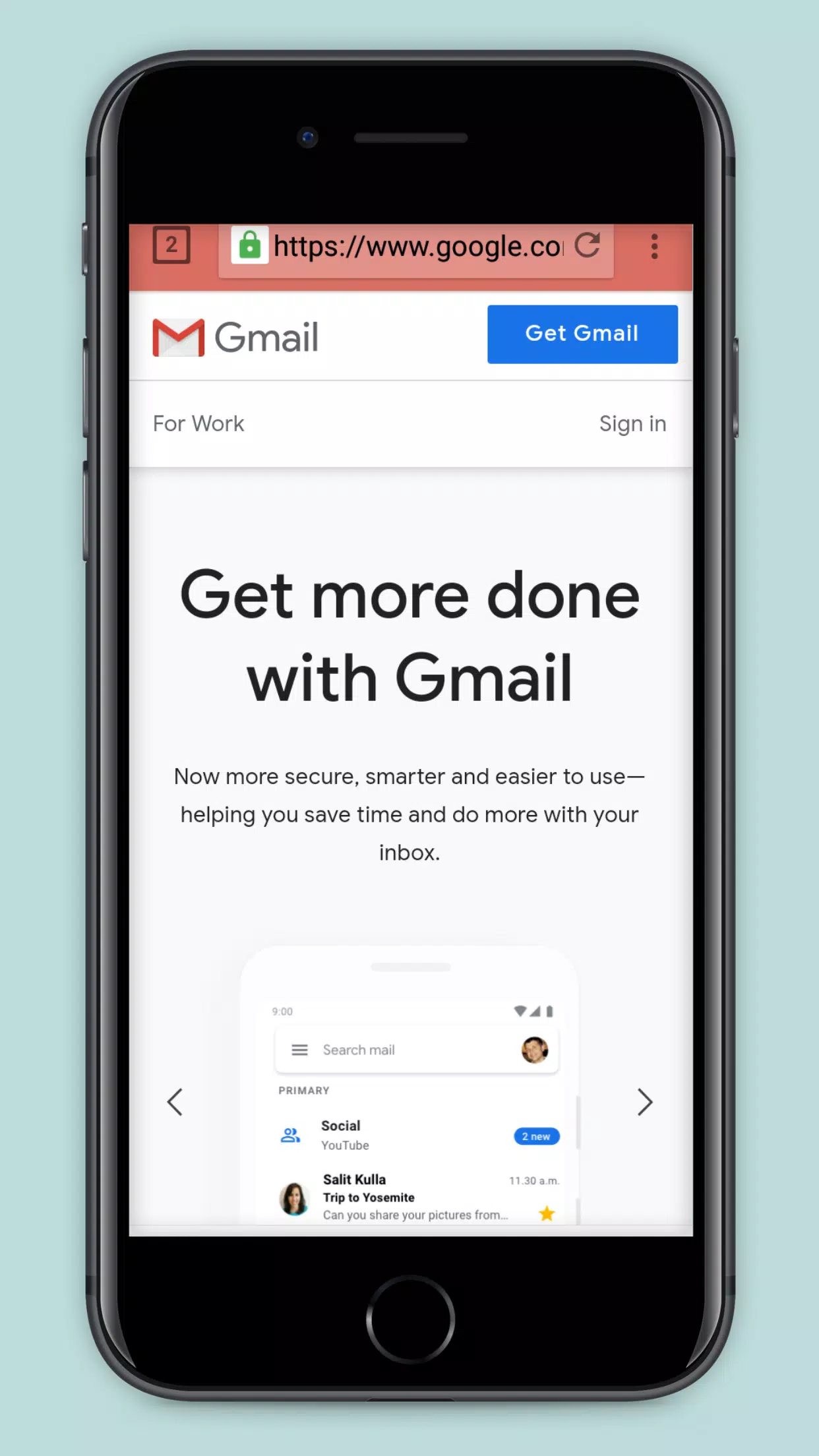 Gmail interface displayed inside Leaf Browser Mobile for Android — confirming full webmail compatibility within the Super Lite 6.0MB APK